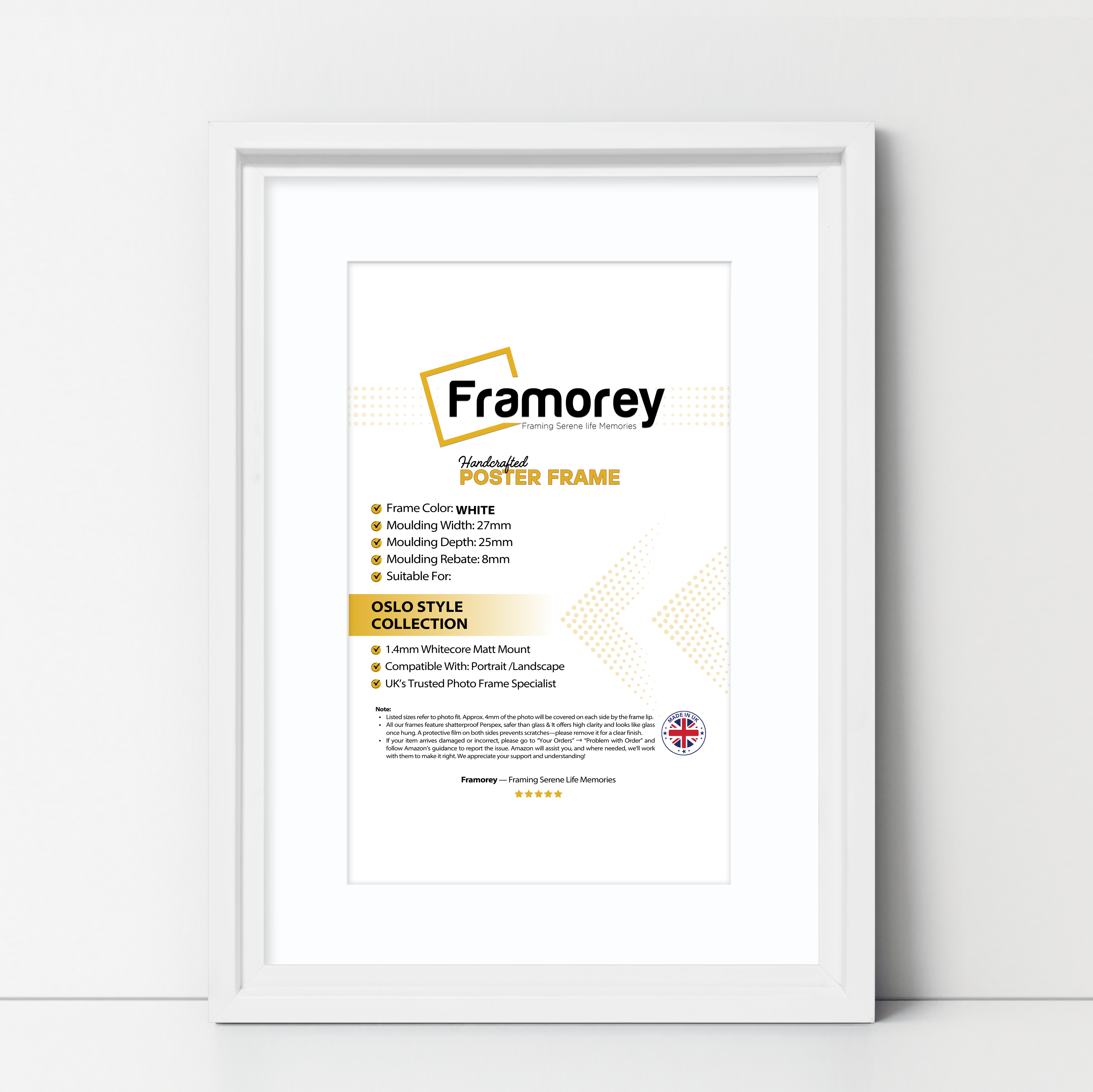 White Picture Frame Oslo Style Photo Frames With White Mount on a wooden table with some measurement.