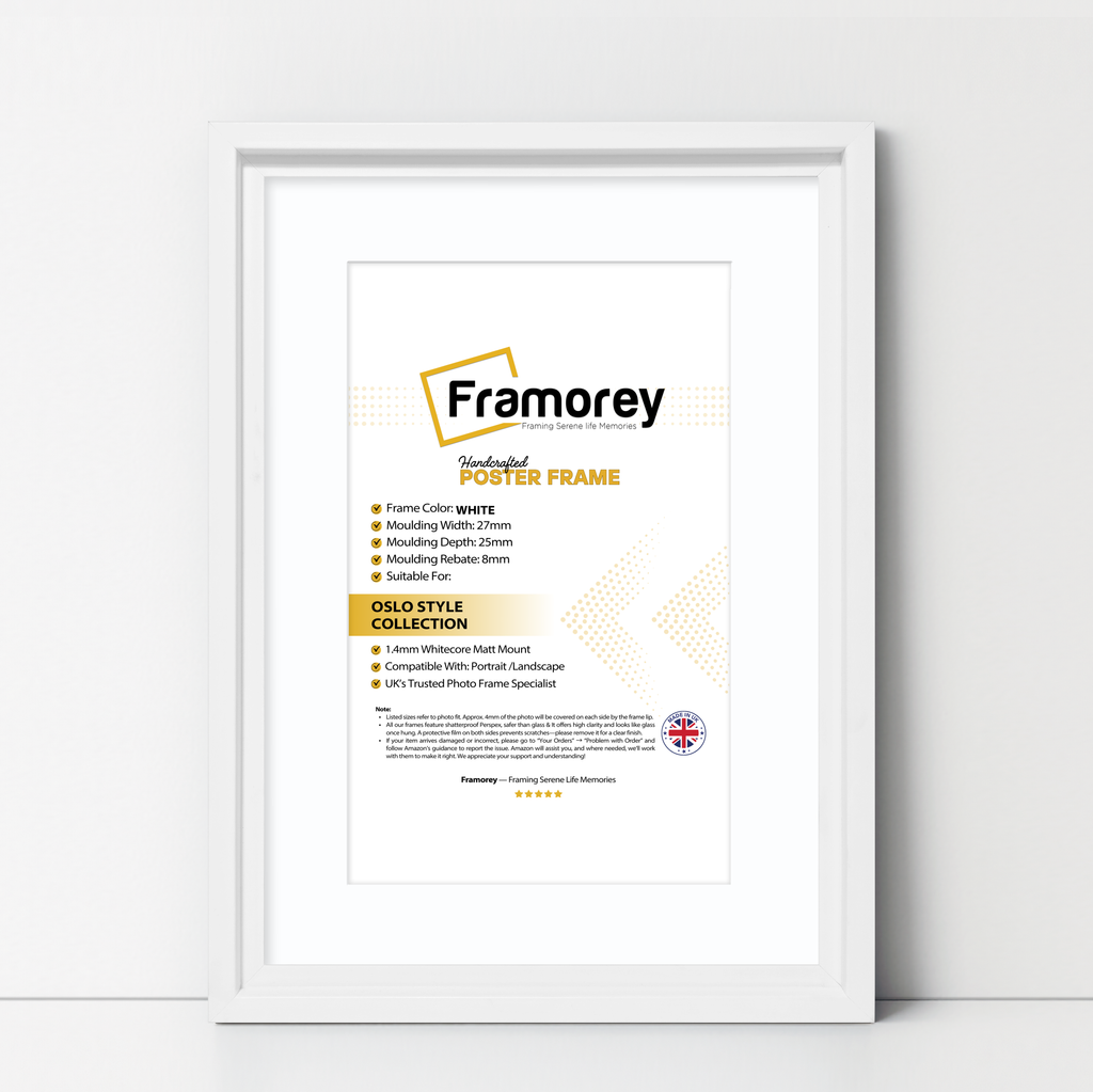 White Picture Frame Oslo Style Photo Frames With White Mount on a wooden table with some measurement.