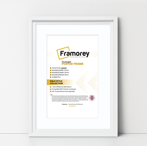 White Picture Frame Oslo Style Photo Frames With White Mount on a wooden table with some measurement.