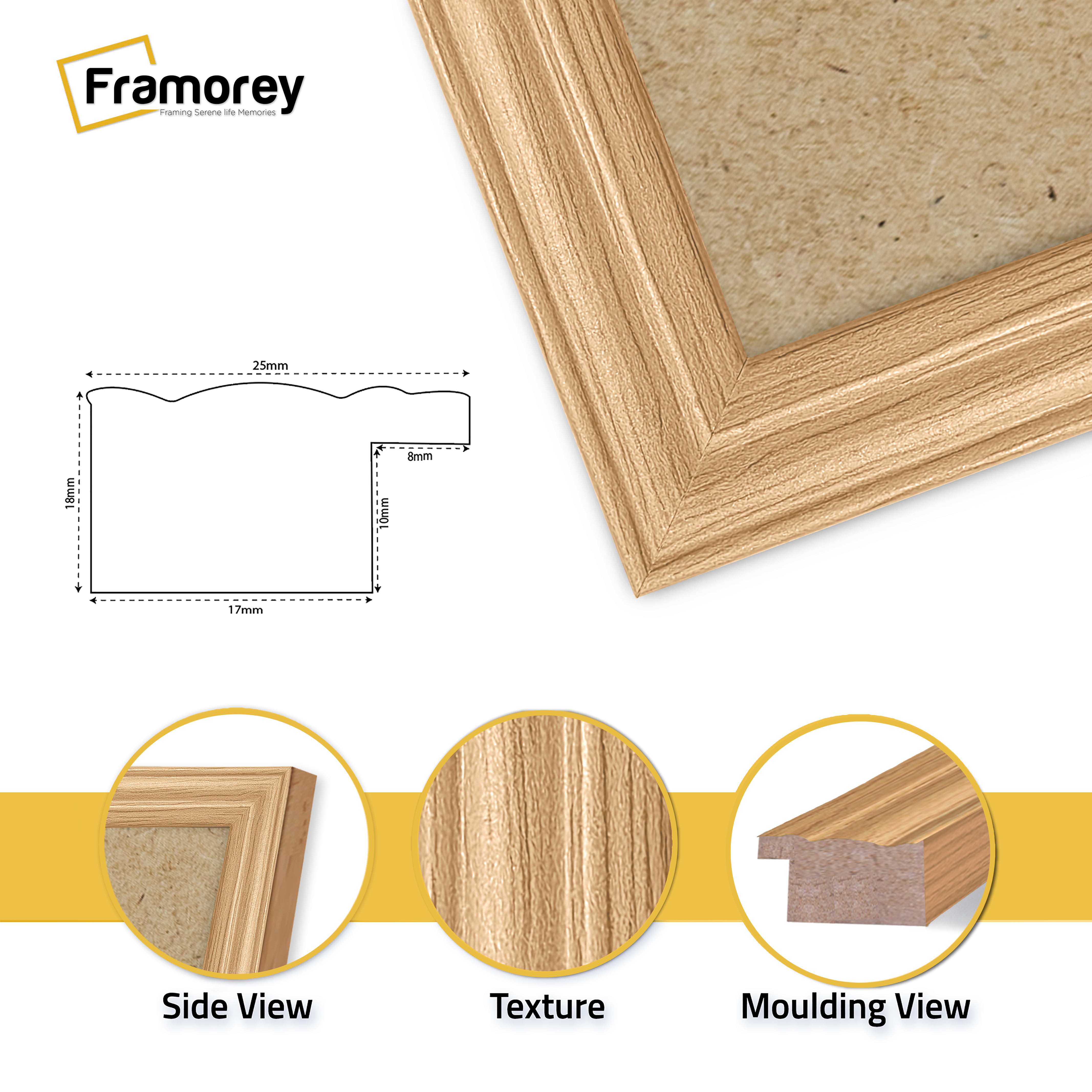 Oak picture frame close view profile showing moulding depth and edge detail for wall art or photo display