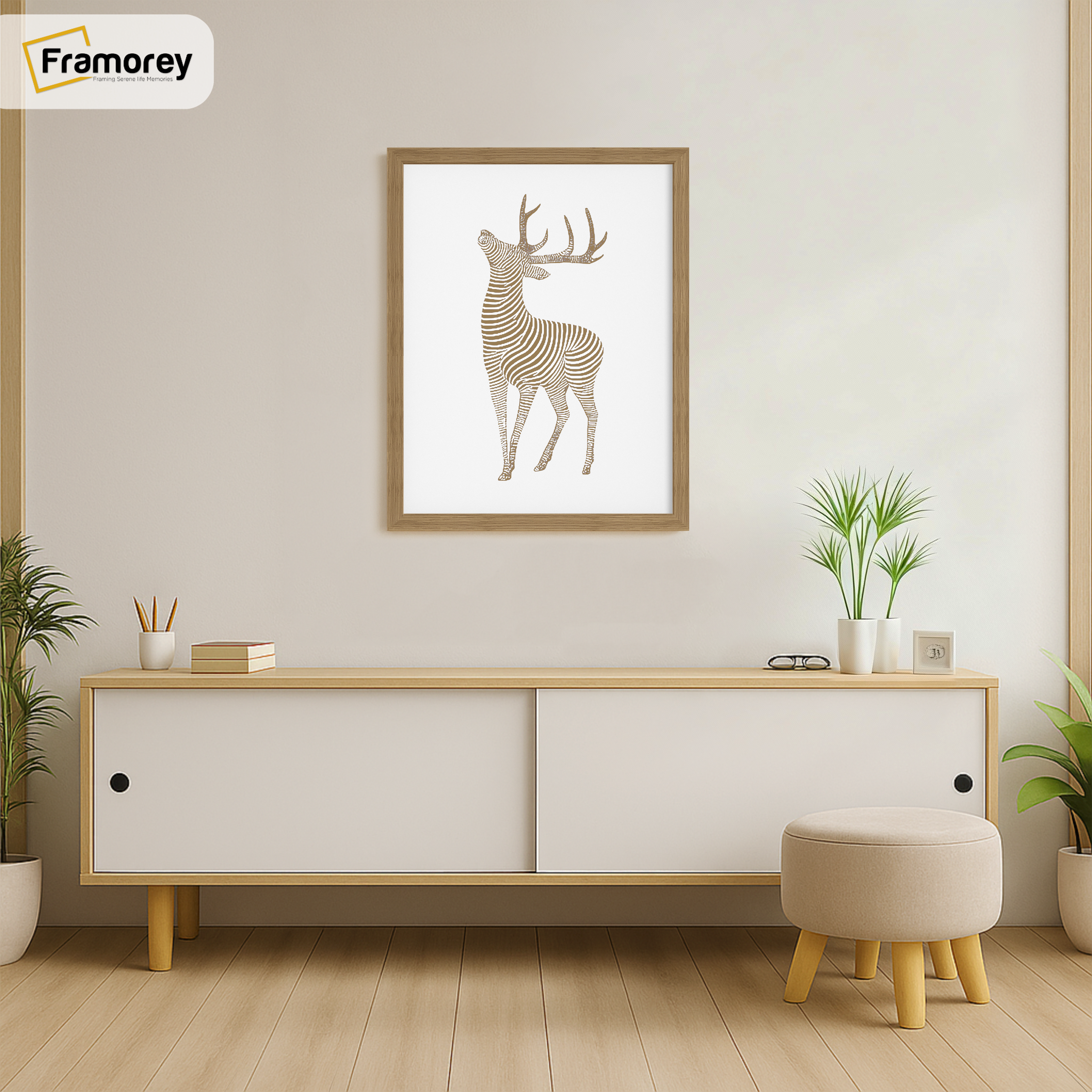 Thin Matt Oak Picture Frame is hanging on a wall just over the Table