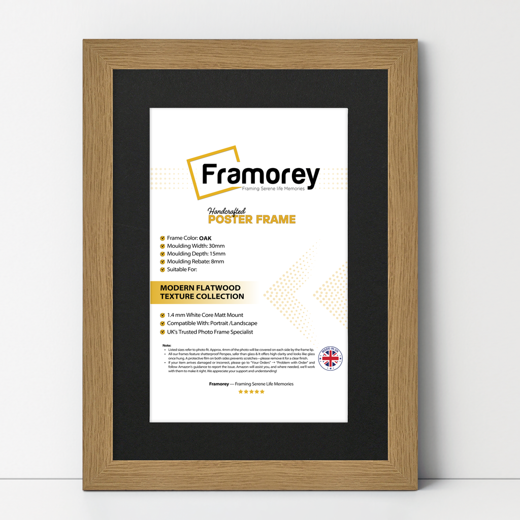 Oak picture frame shown from front view on a plain white surface standing with a wall