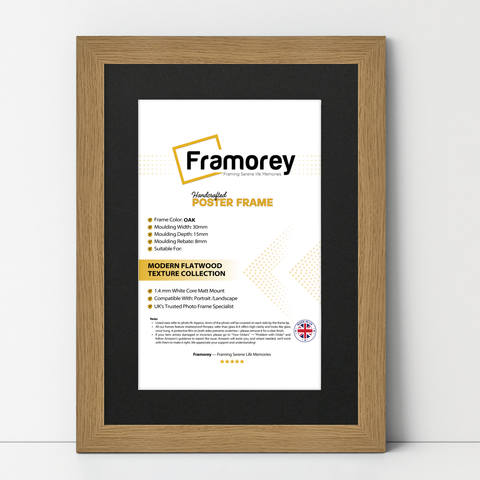 Oak picture frame shown from front view on a plain white surface standing with a wall