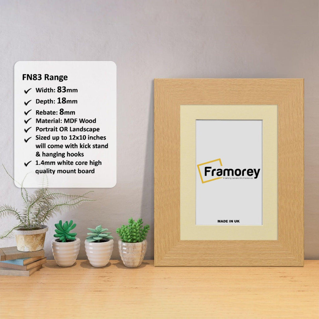 Oak Picture Frame with Ivory mount Poster Frame with a Framorey logo and a detail on its parts.