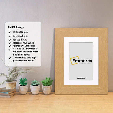 Oak Picture Frame with white mount Poster Frame with a framorey logo and some detail on its measurement.
