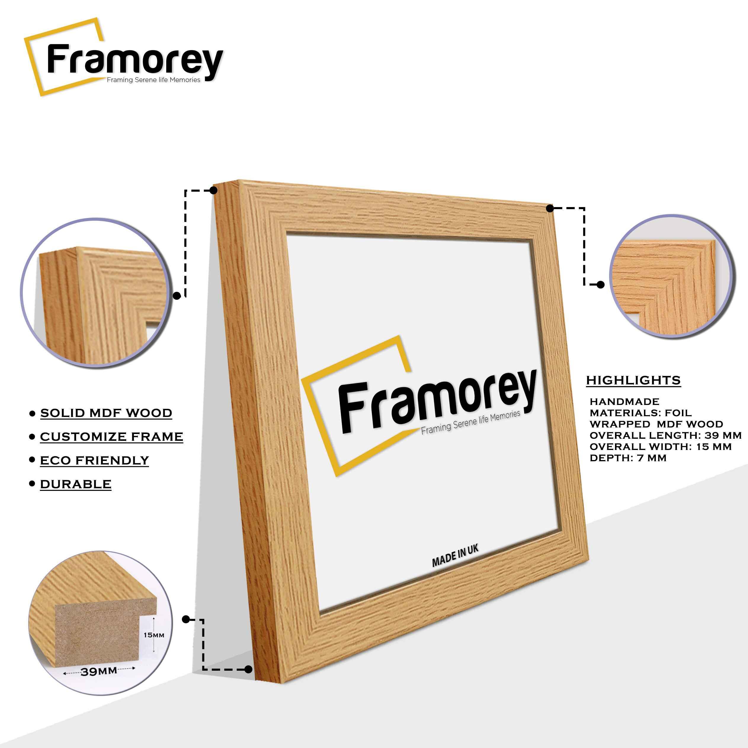 Side view of a Square Size Oak Photo Print Frames with some focus on some of its parts.