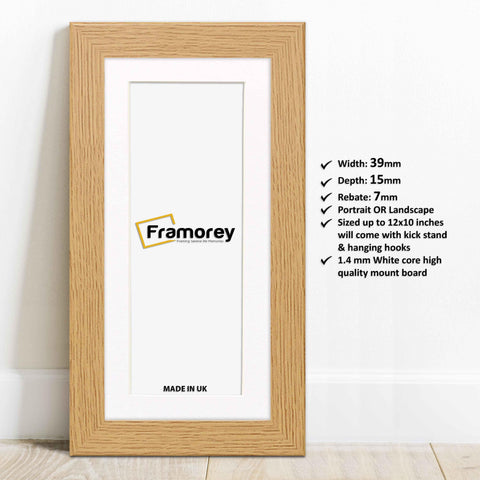 Oak Picture frame with white mount lean with the wall and details.