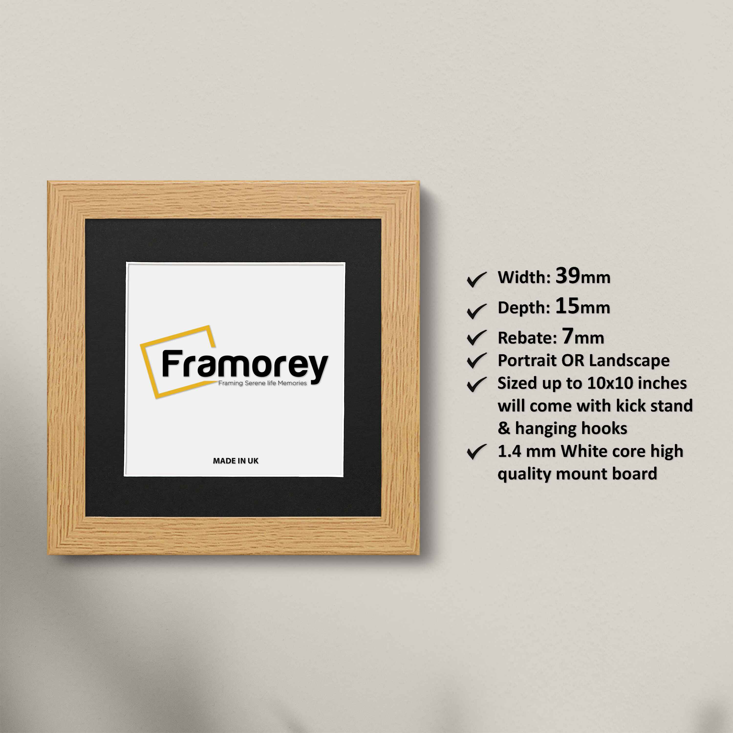 Square Size Oak Picture Frames with Black Mount