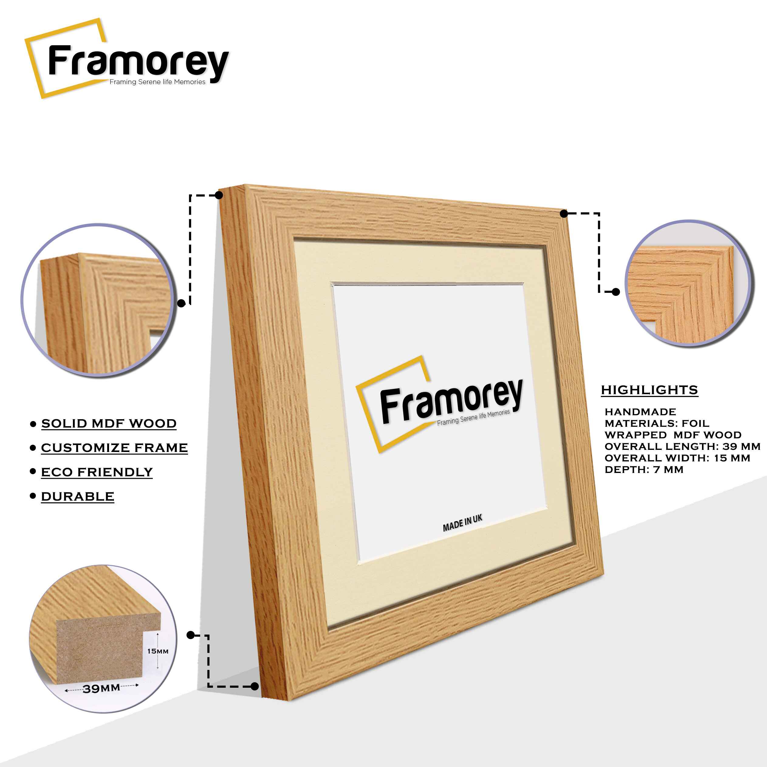 Square Size Oak Picture Frames with Ivory Mount