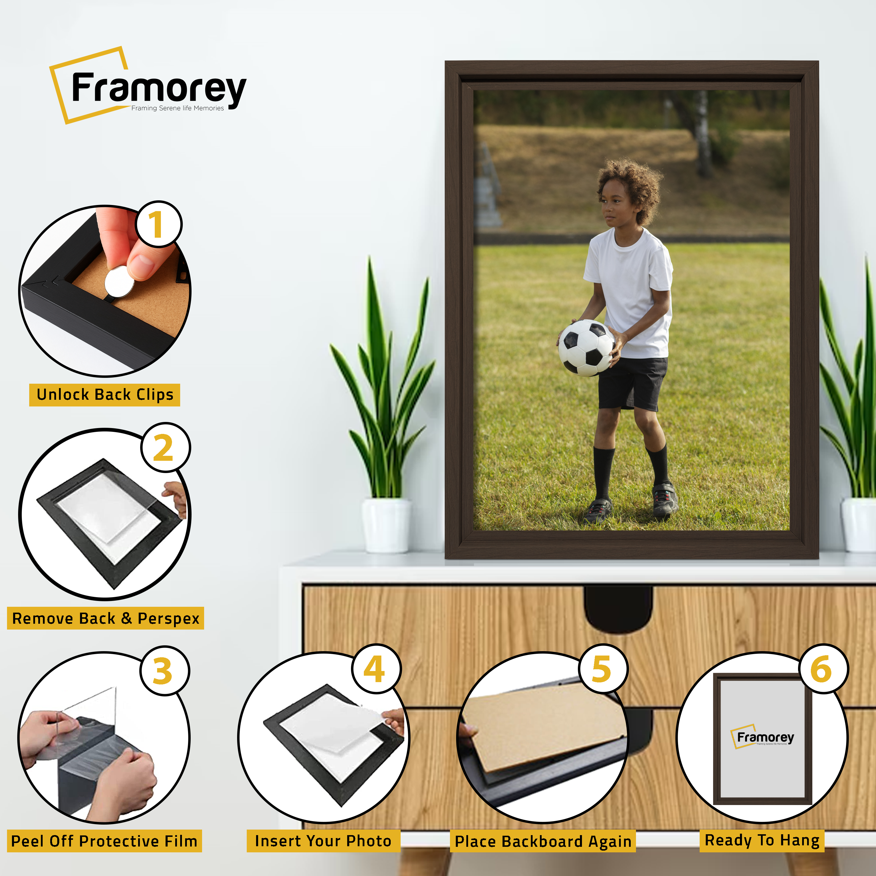 Step-by-step guide showing how to insert a photo into a Walnut picture frame