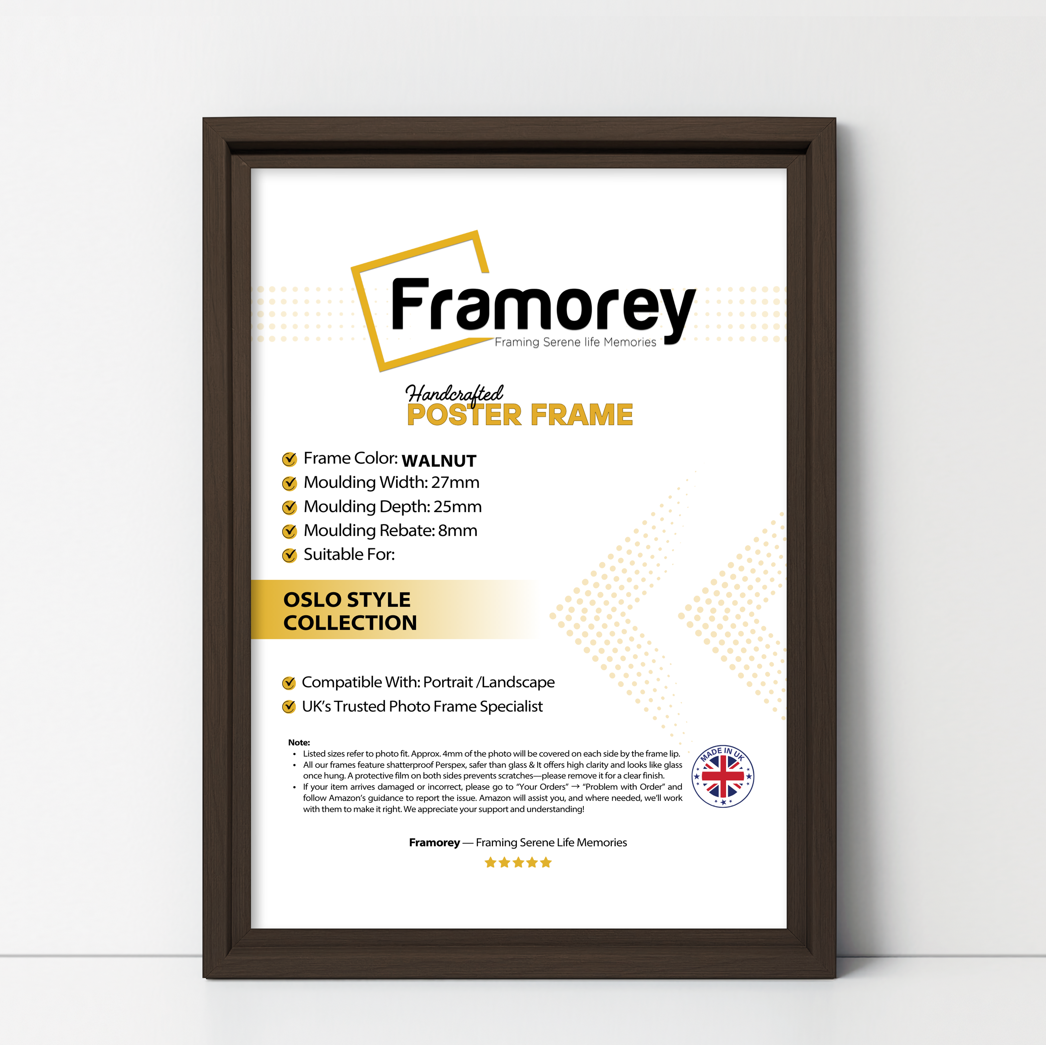 Oslo Walnut picture frame shown from front view on a plain white surface standing with a wall