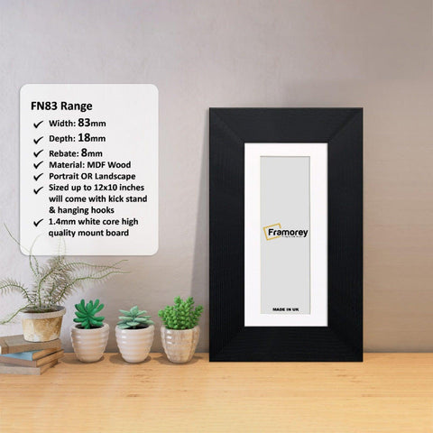 Panoramic Black Photo Print Frame with White Mount and a Framorey logo is place in the frame and  Some detail on its measurement place on its left.