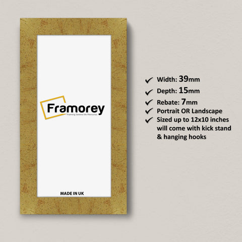 Panoramic Gold Picture Frame Handmade Wooden Poster Frame with some detail on its measurement place on its right.
