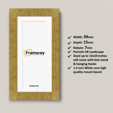 Panoramic Gold Poster Frame With White Mount hanging on a wall with some detail on its measurement.
