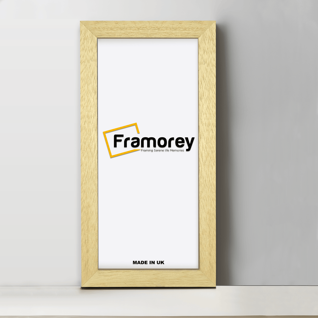 Natural Wood panoramic picture frame from front view on a plain white surface standing with a wall