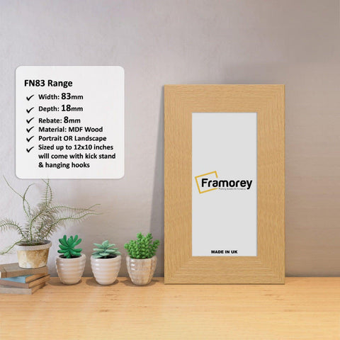 Panoramic Oak Photo Print Frame Handmade Wooden Frame with a Framorey logo and some detail on its measurements.