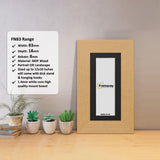 Panoramic Oak Photo Print Frame with Black Mount with a Framorey logo and some details on its measurements.