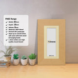 Panoramic Oak Photo Print Frame with Ivory Mount with a Framorey logo place inside the frame and some  detail on its parts.