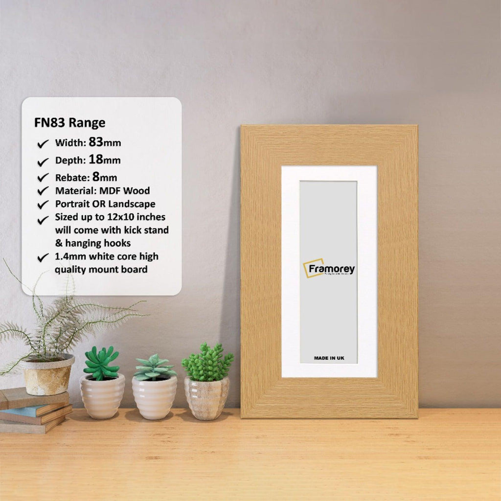 Panoramic Oak Photo Print Frame with White Mount with a Framorey logo and some detail on its measurement.
