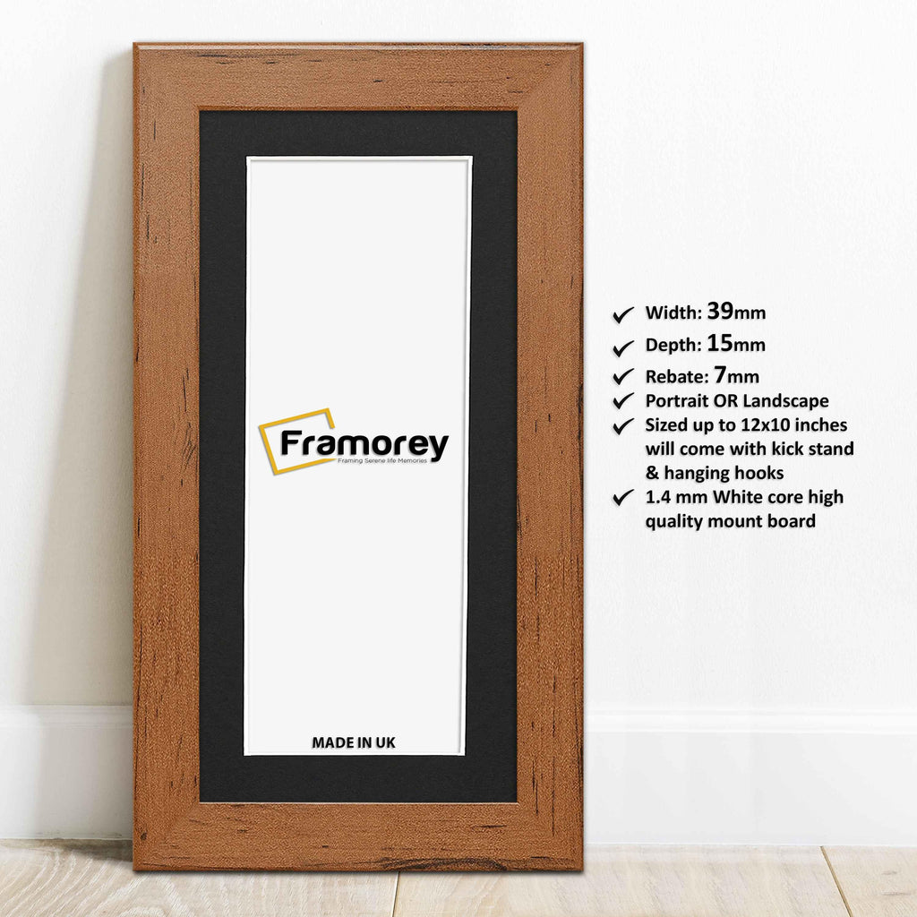Panoramic Size Walnut Picture Frames Handmade Wooden Poster Frames with black mount leaning with the wall on a wooden floor and some detail on its measurement.