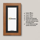 Panoramic Size Walnut Picture Frames  with black mount with detail on its measurement place on its right.