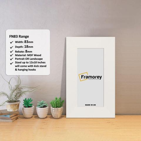 Panoramic White Photo Print Frame Handmade Wooden Frame with a Framorey logo and some detail on its parts.