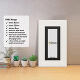 Panoramic White Photo Print Frame with Black Mount with some detail on its measurement and a Framorey logo place in the frame.