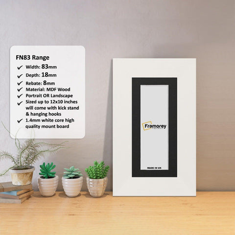 Panoramic White Photo Print Frame with Black Mount with some detail on its measurement and a Framorey logo place in the frame.