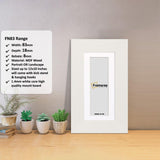 Panoramic White Photo Print Frame with White Mount with a Framorey logo and some detail on its measurement.