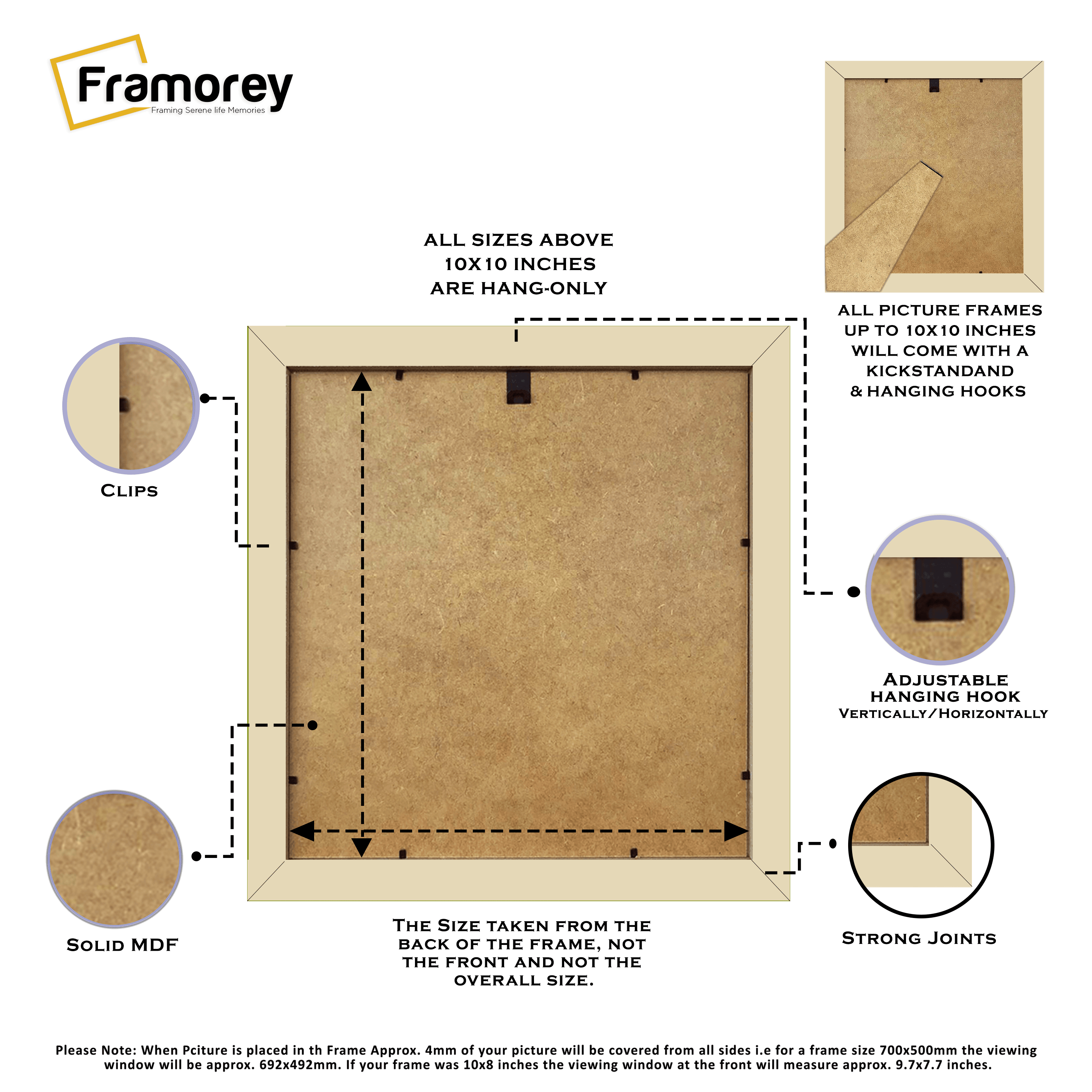 Backside view of a Square Size Pine Photo Frame With White Mount with different features separately discussed in it.