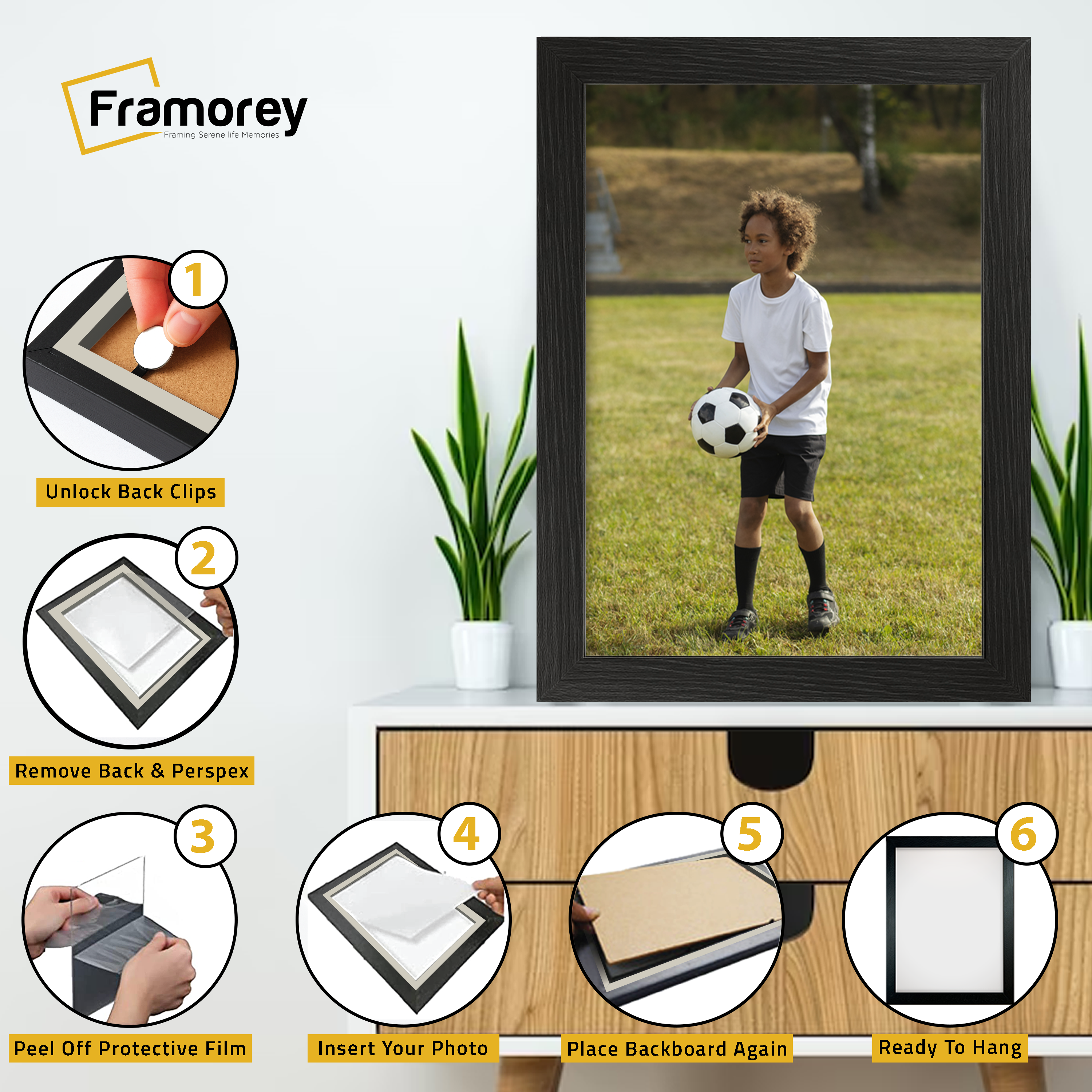 Step-by-step guide showing how to insert a photo into a picture frame
