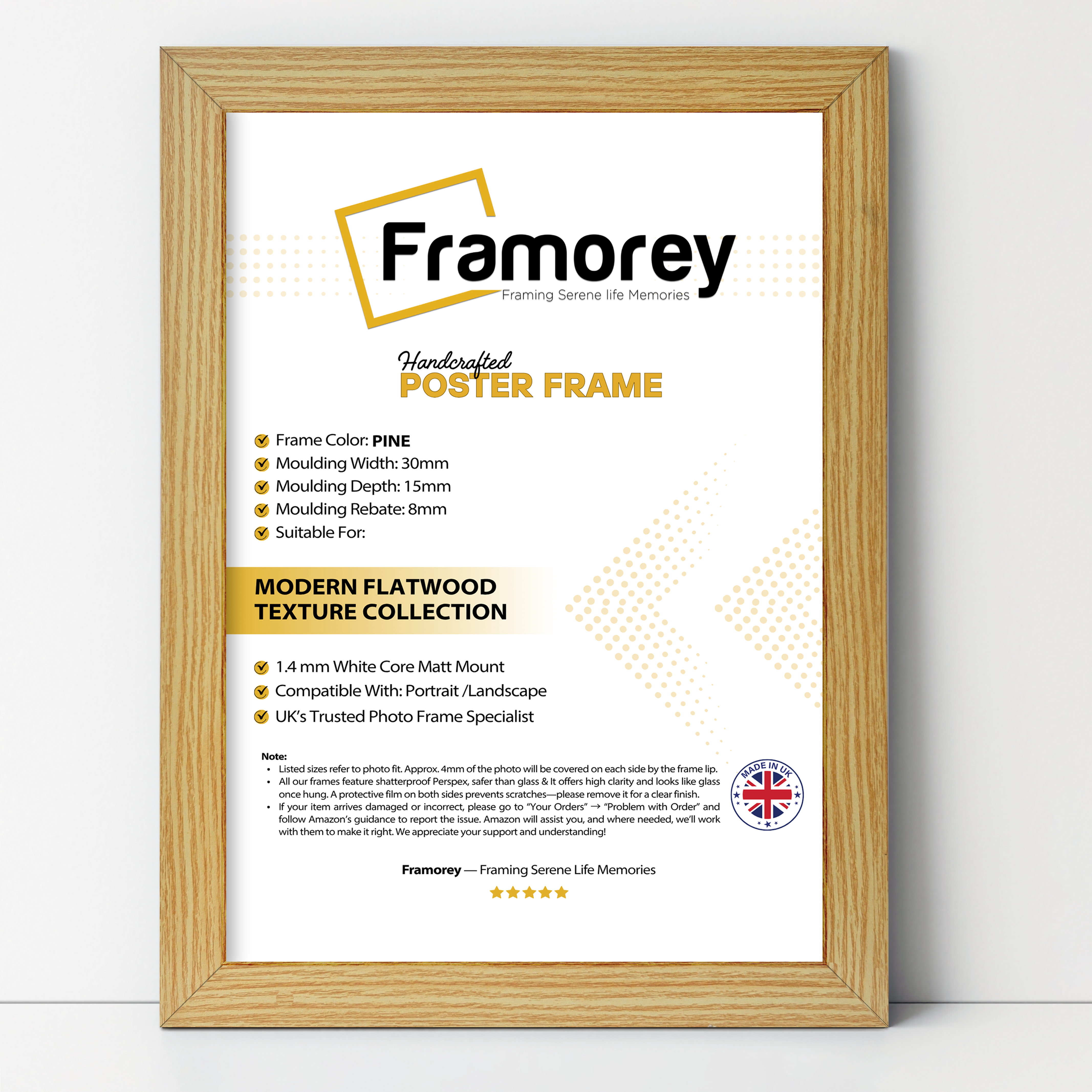 Pine picture frame shown from front view on a plain white surface standing with a wall