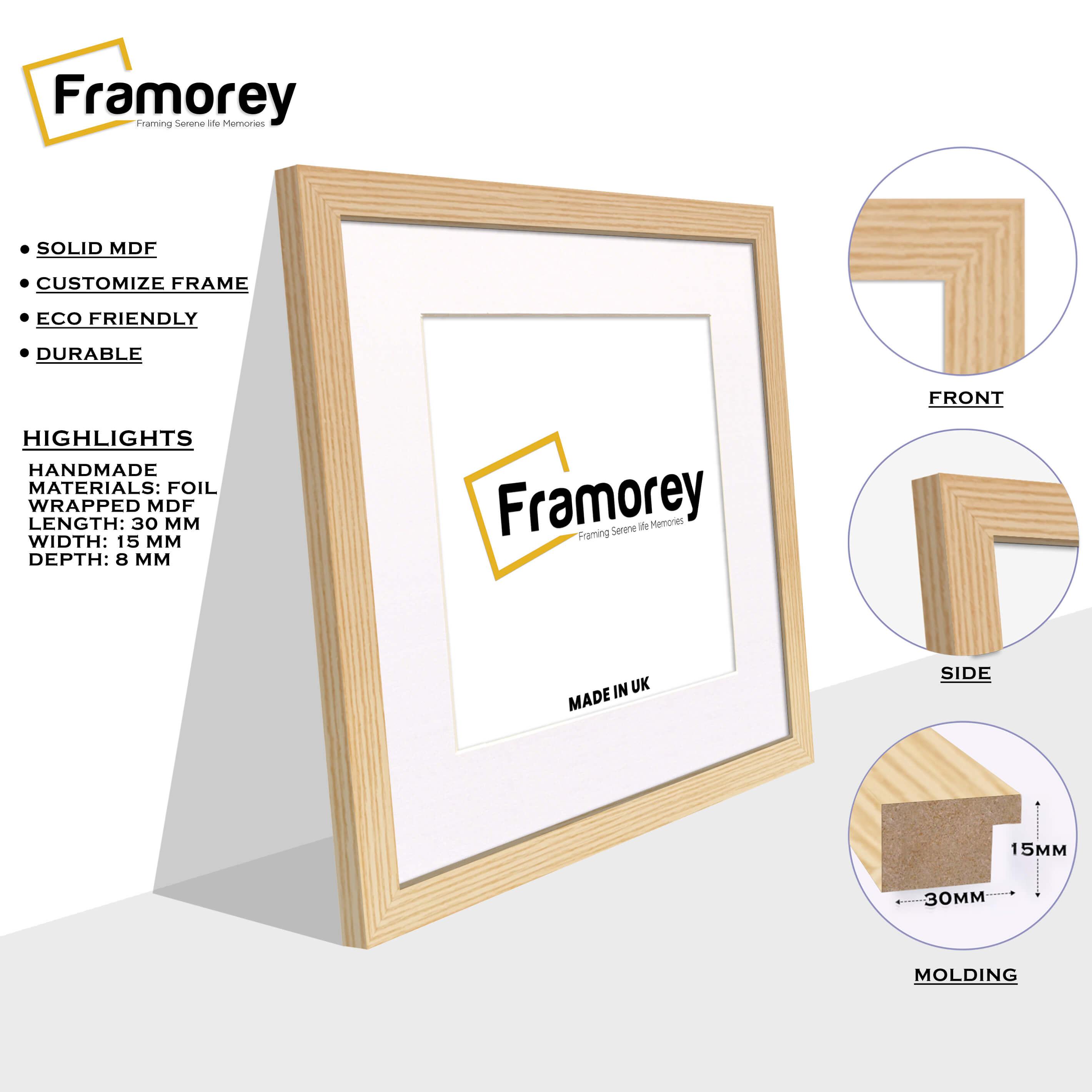 Square Size Pine Poster Frame With White Mount side view with some highlights and corners.