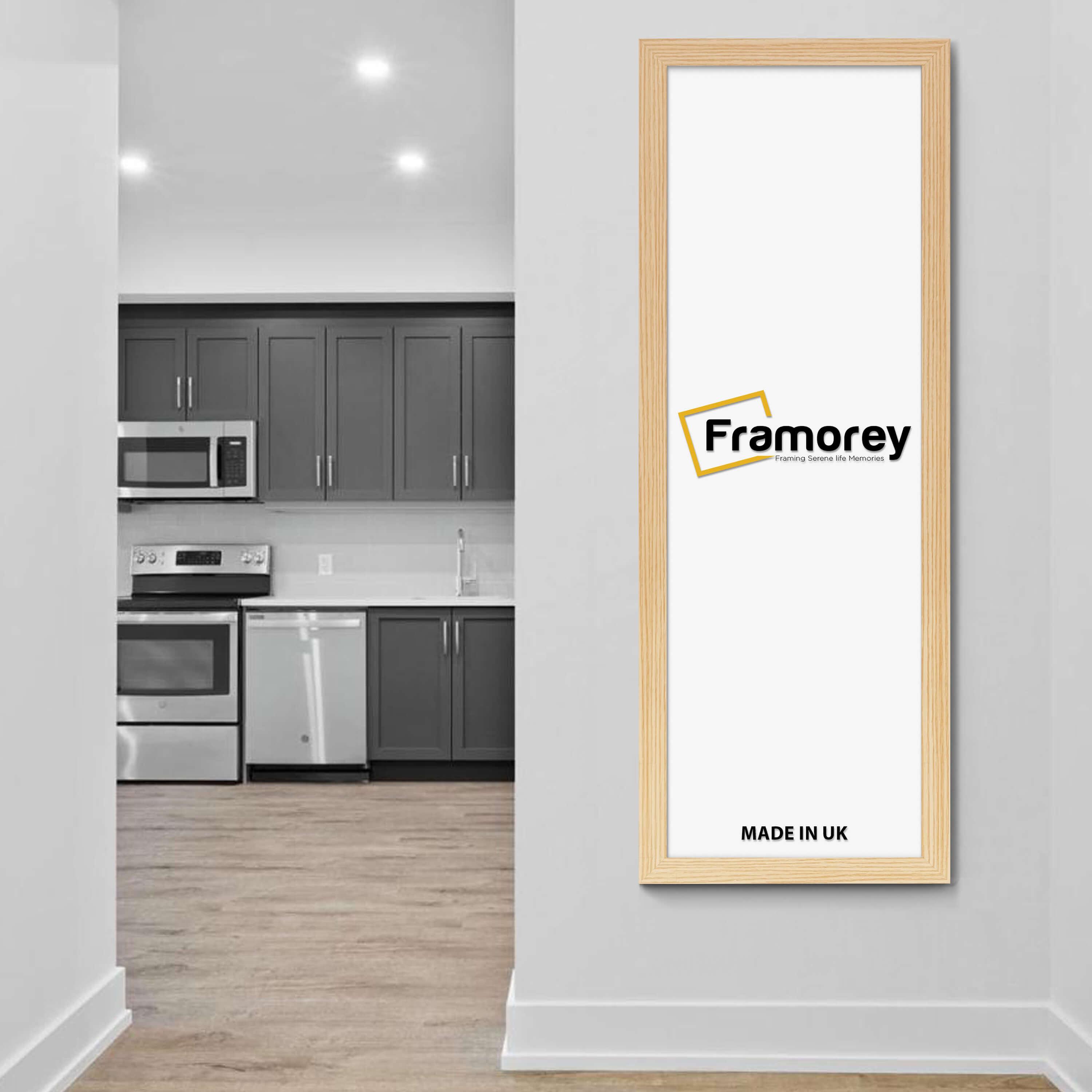 Panoramic Size Pine Picture Frame hanging on a wall just right side of the modern kitchen.