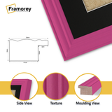 Pink picture frame with black mount, close view profile showing moulding depth and edge detail for wall art or photo display