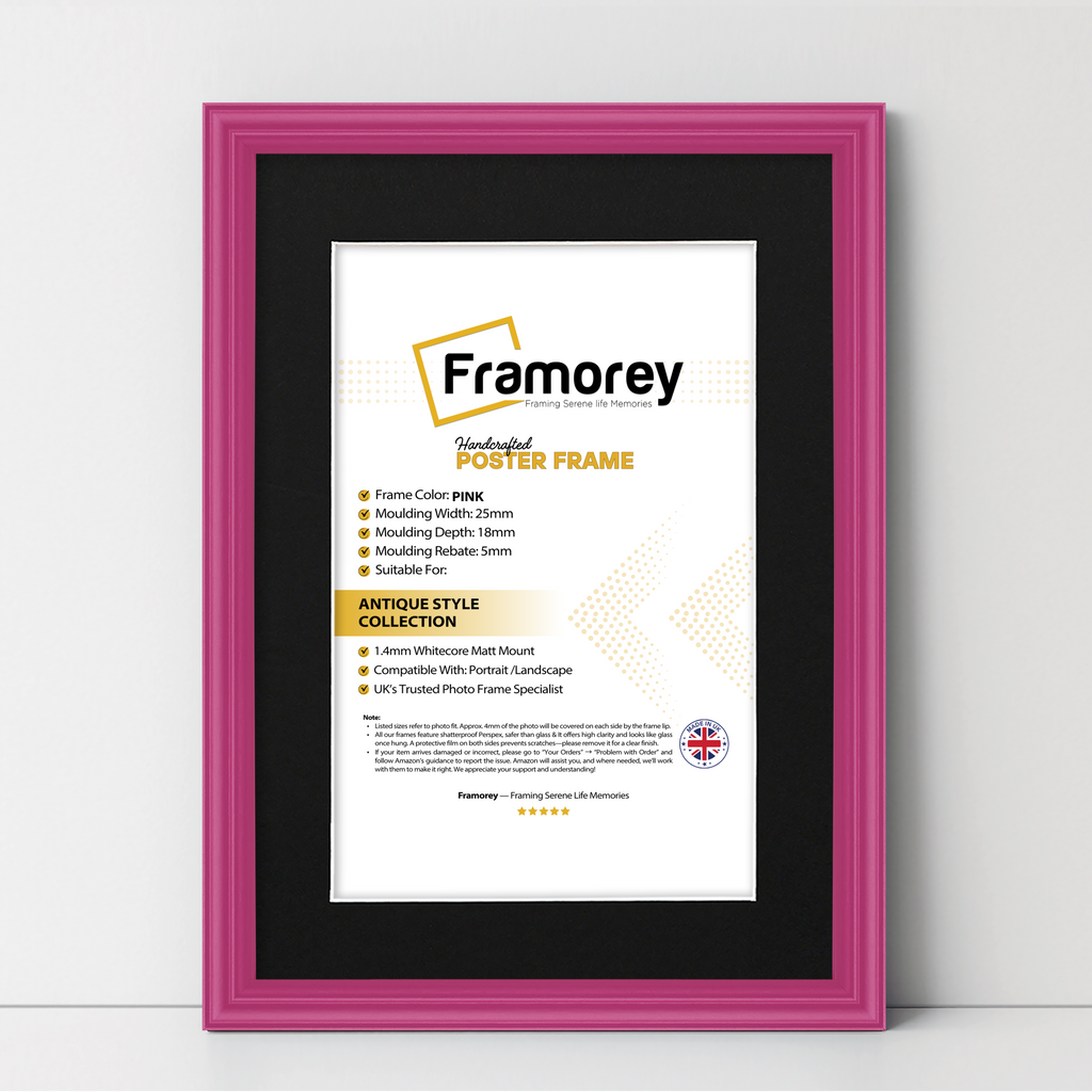 Pink antique-style poster frame with black mount, Framorey handmade picture frame for wall display