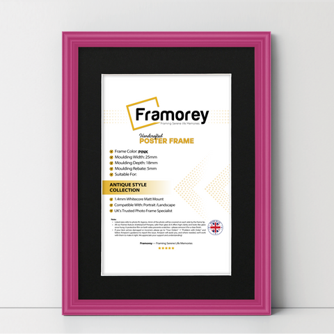 Pink antique-style poster frame with black mount, Framorey handmade picture frame for wall display