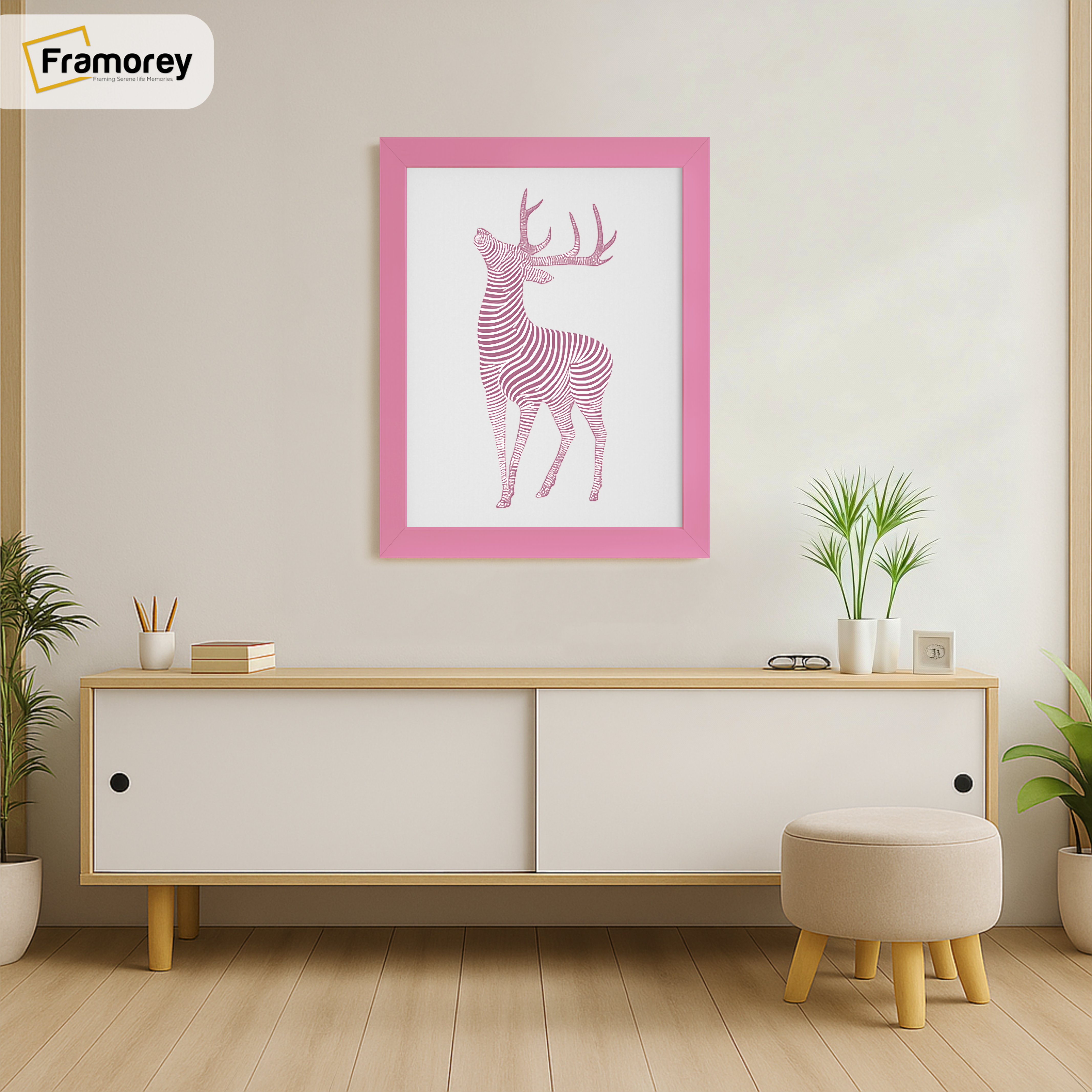 Pink Picture Frame is hanging on a wall just over the Table