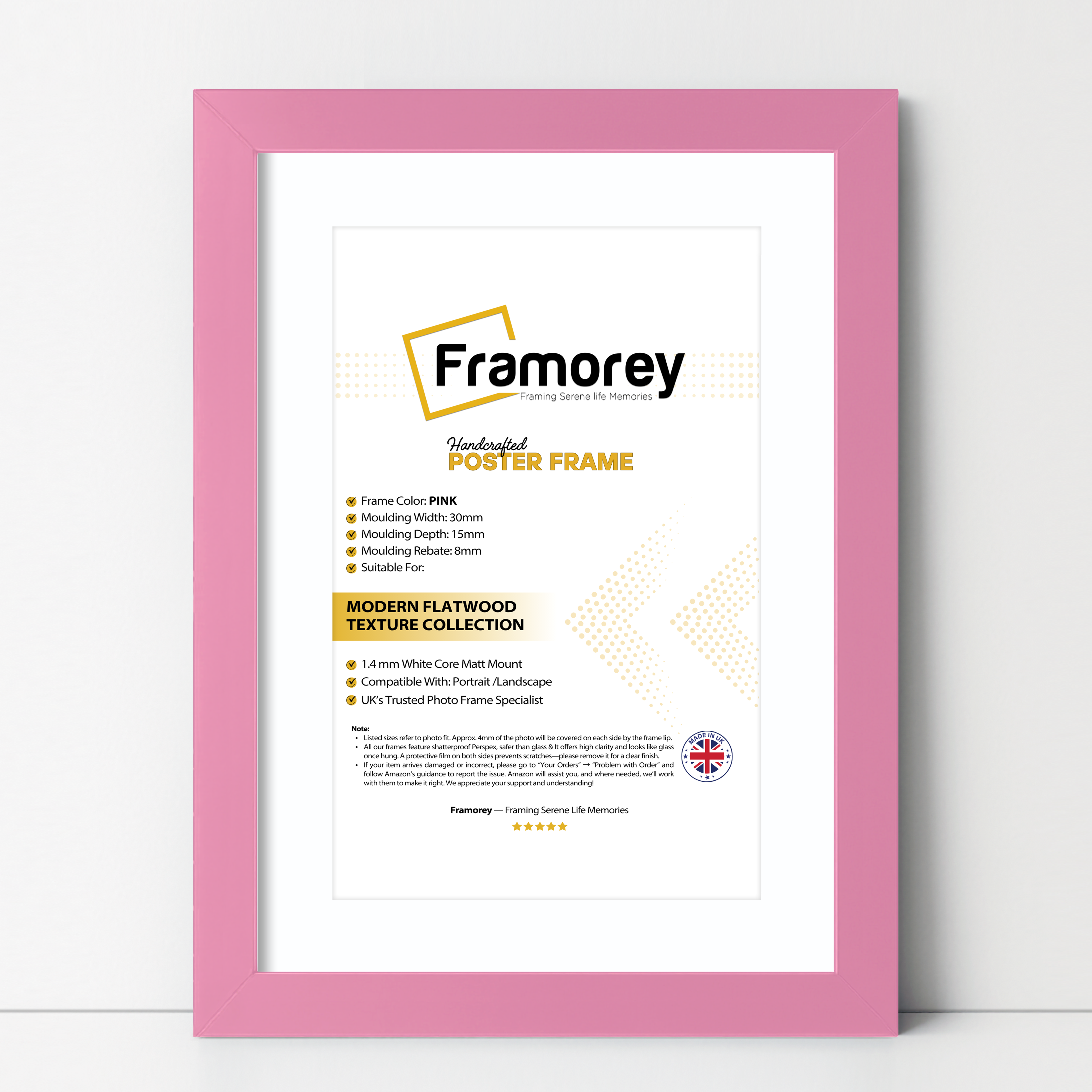 pink picture frame shown from front view on a plain white surface standing with a wall