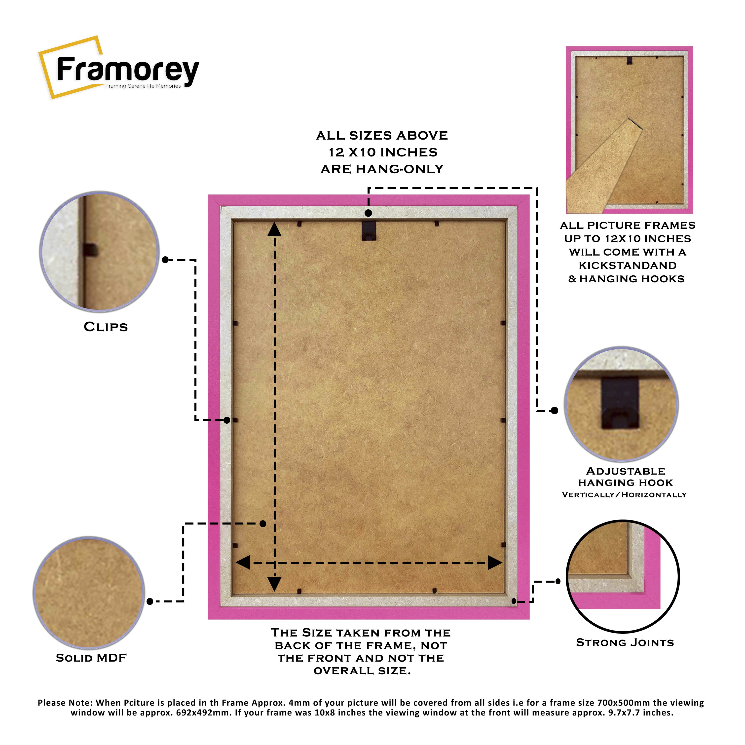 Two pink photo frame with white mount hanged on a wall over some furniture.