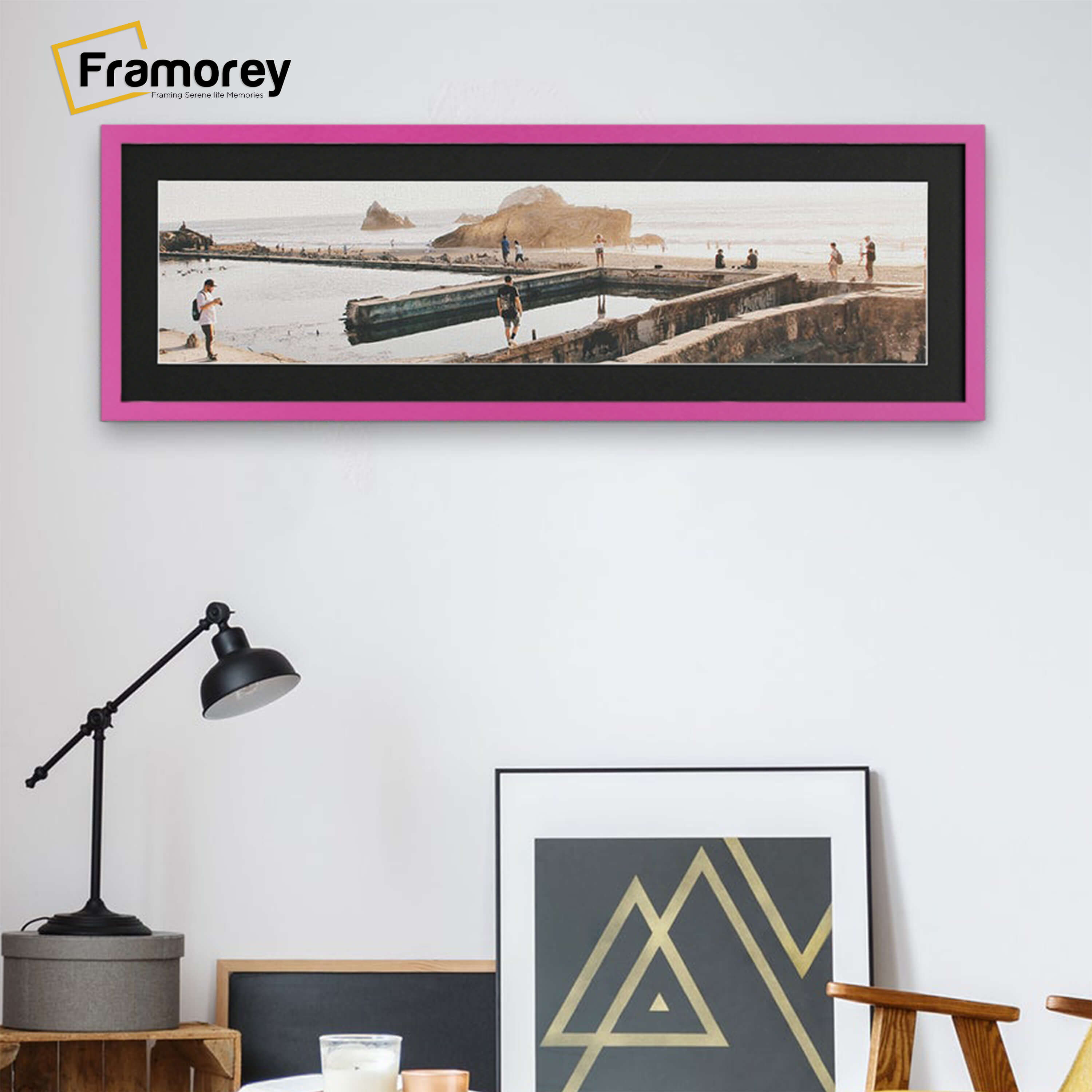 Thin Matt Panoramic Pink Picture Frames With Black Mount