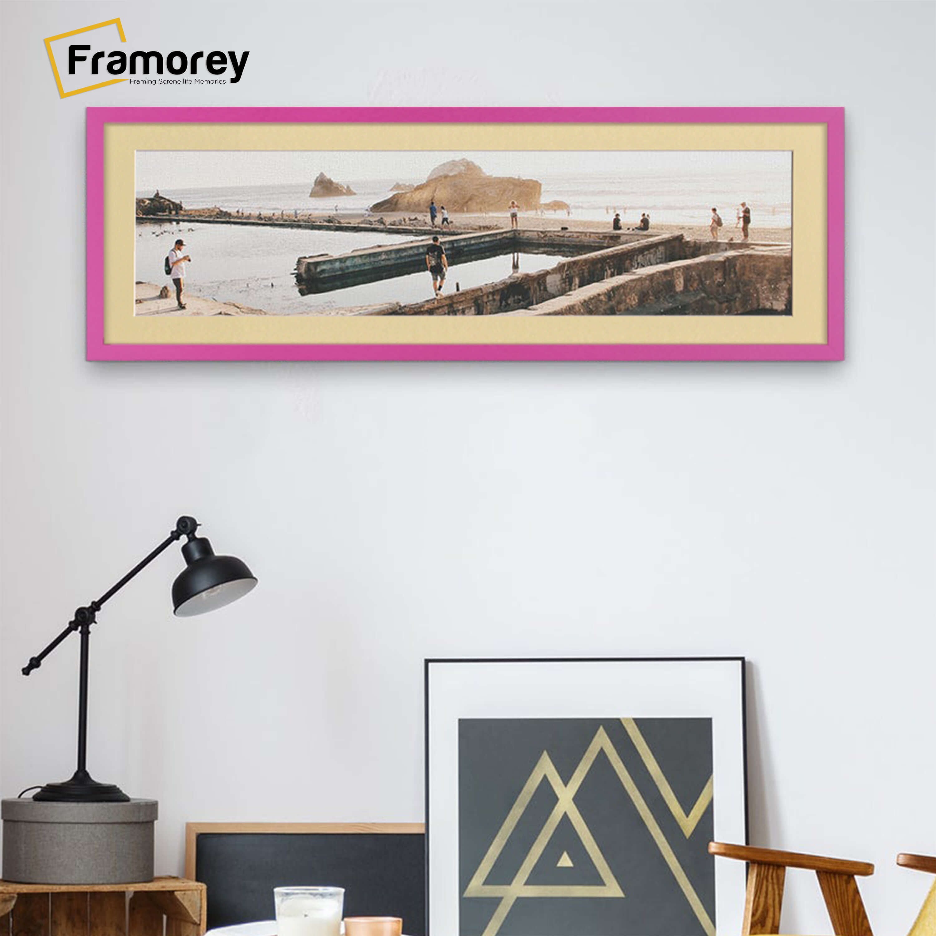 Thin Matt Panoramic Pink Picture Frames With Ivory Mount