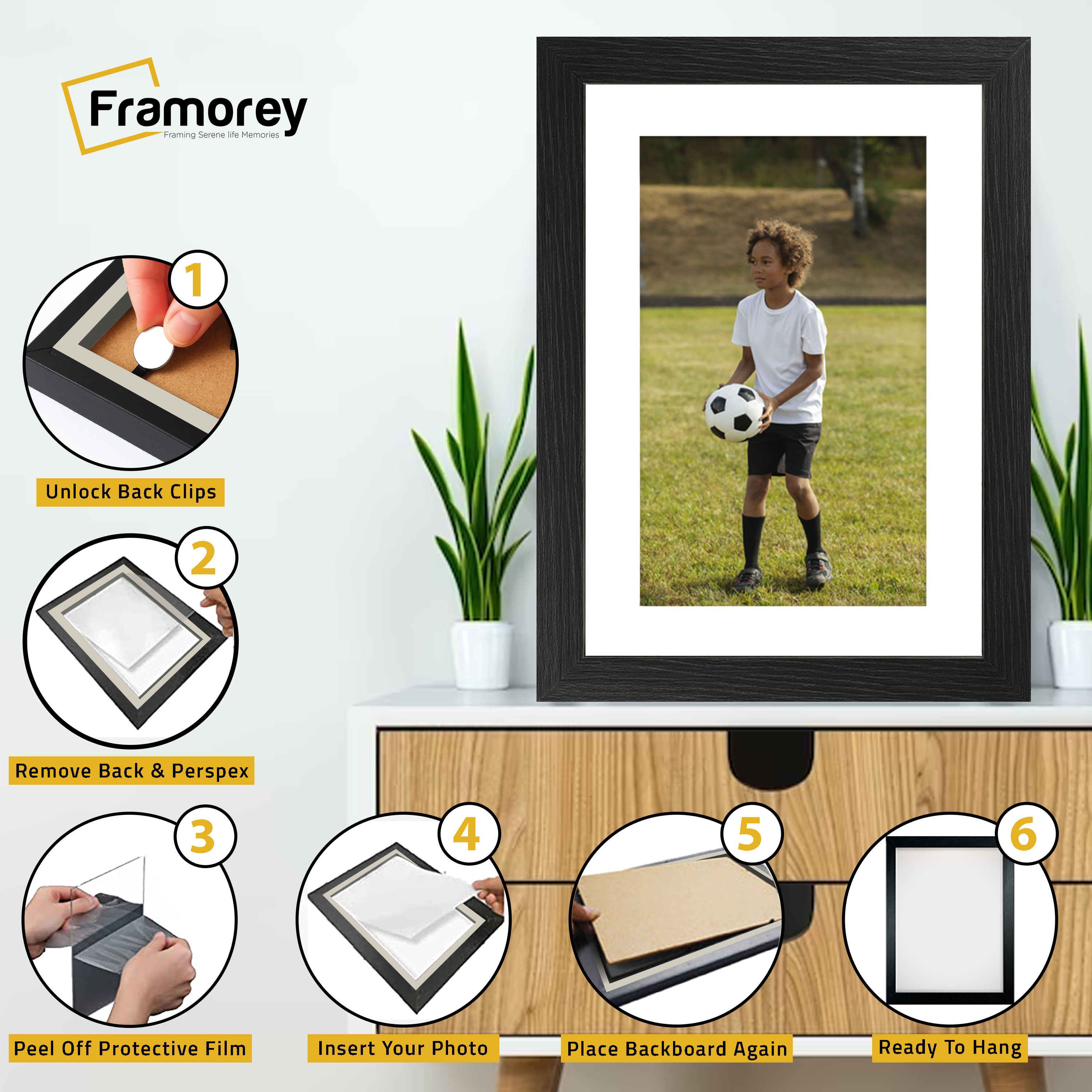 Step-by-step guide showing how to insert a photo into a Black picture frame