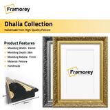 Dhalia Gold & Silver Frames With White Mount showing molding view with molding measurements and frame material 