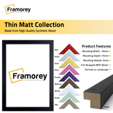 Print Poster Frames For Thin Matt Collection with different colors shown along the frame in corner shapes and some product features and molding.