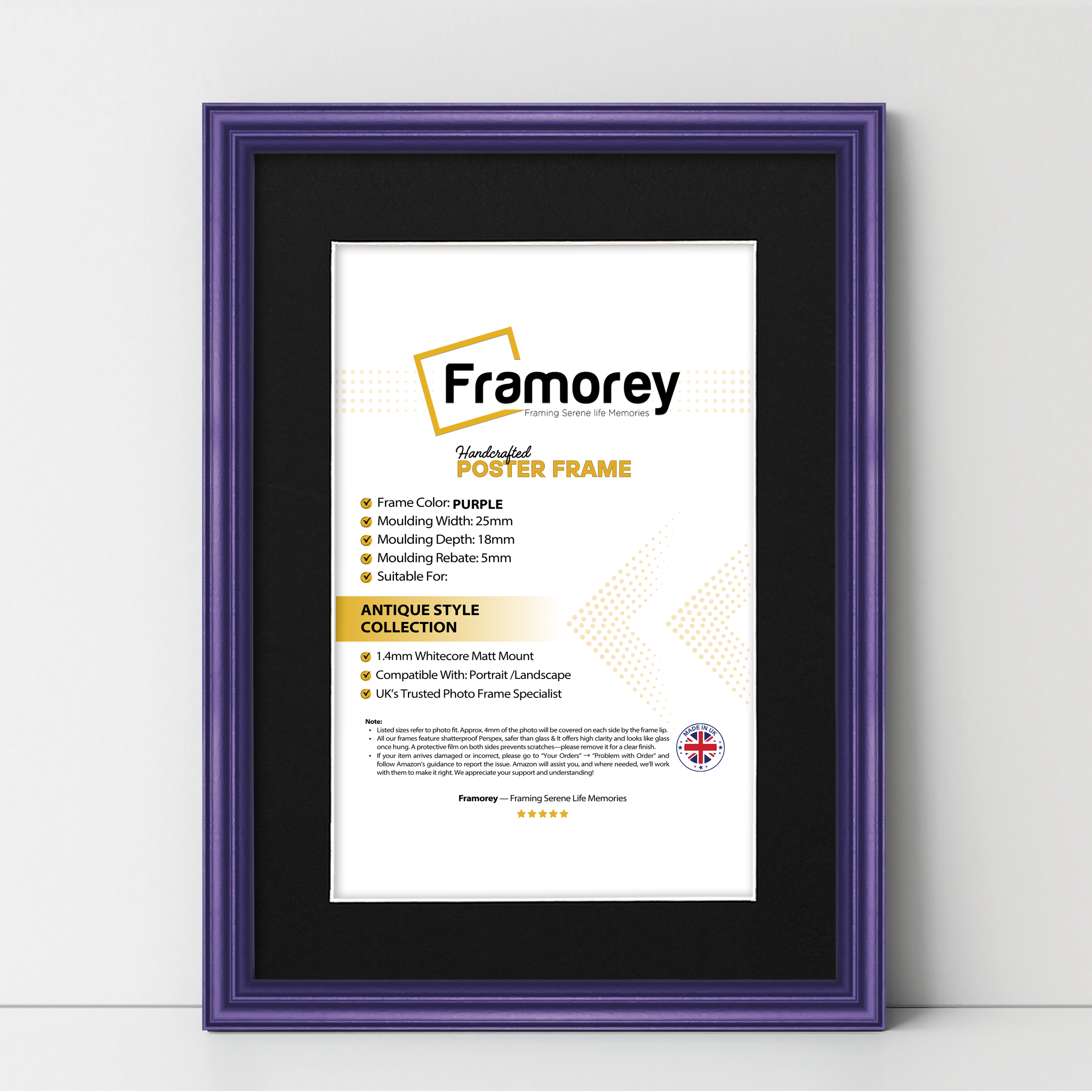 Purple antique-style poster frame with black mount, Framorey handmade picture frame for wall display