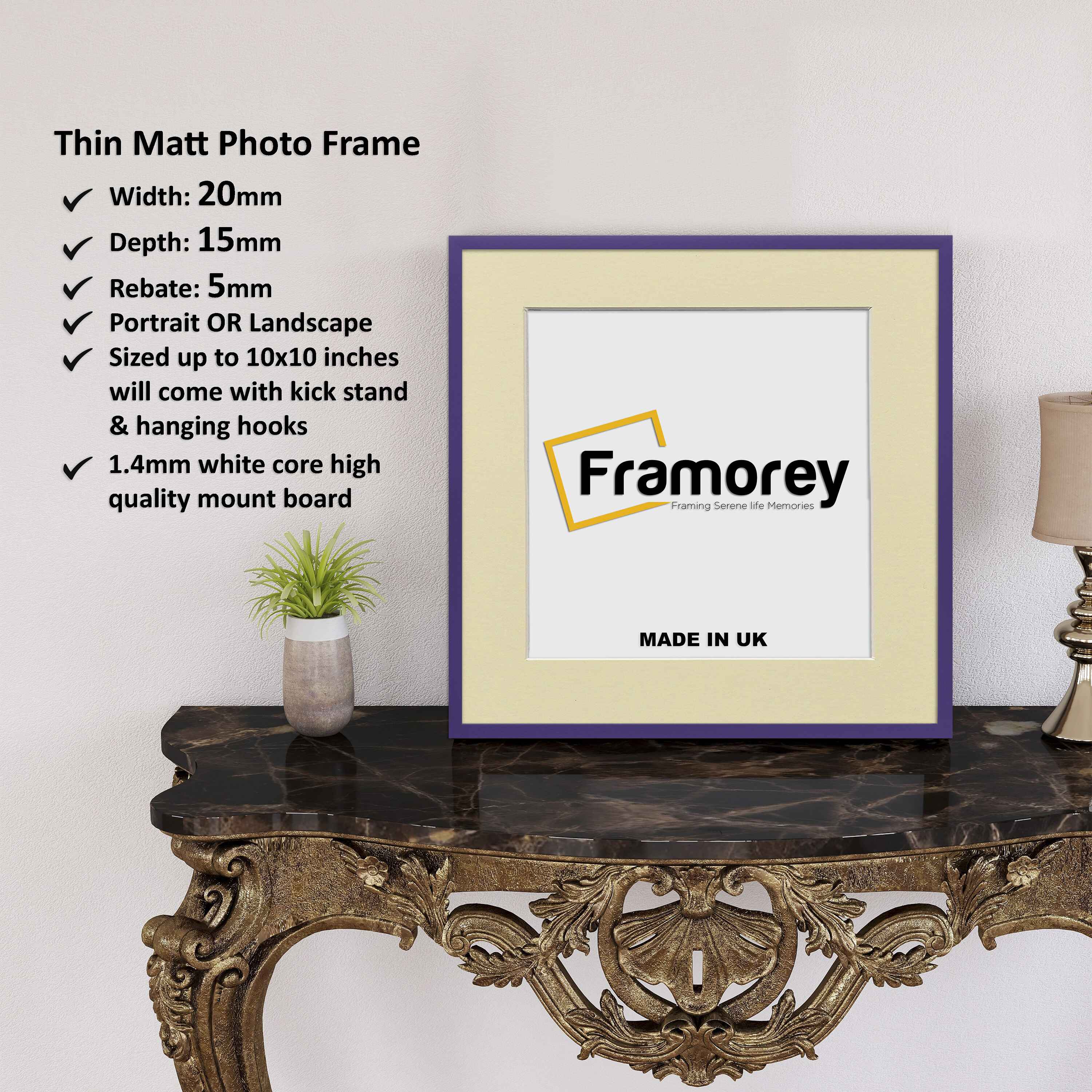 Square Size Thin Matt Purple Picture Frames With Ivory Mount
