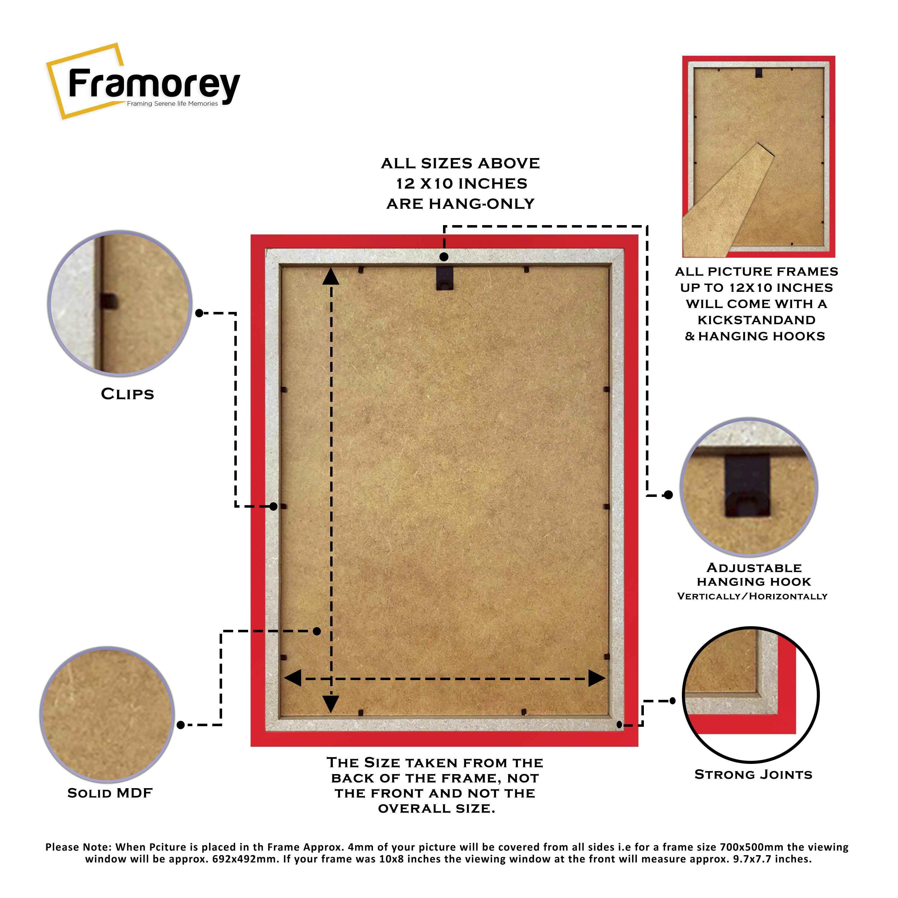 Back side view of an antique style red picture frame with black mount showing hanging hardware and rear construction