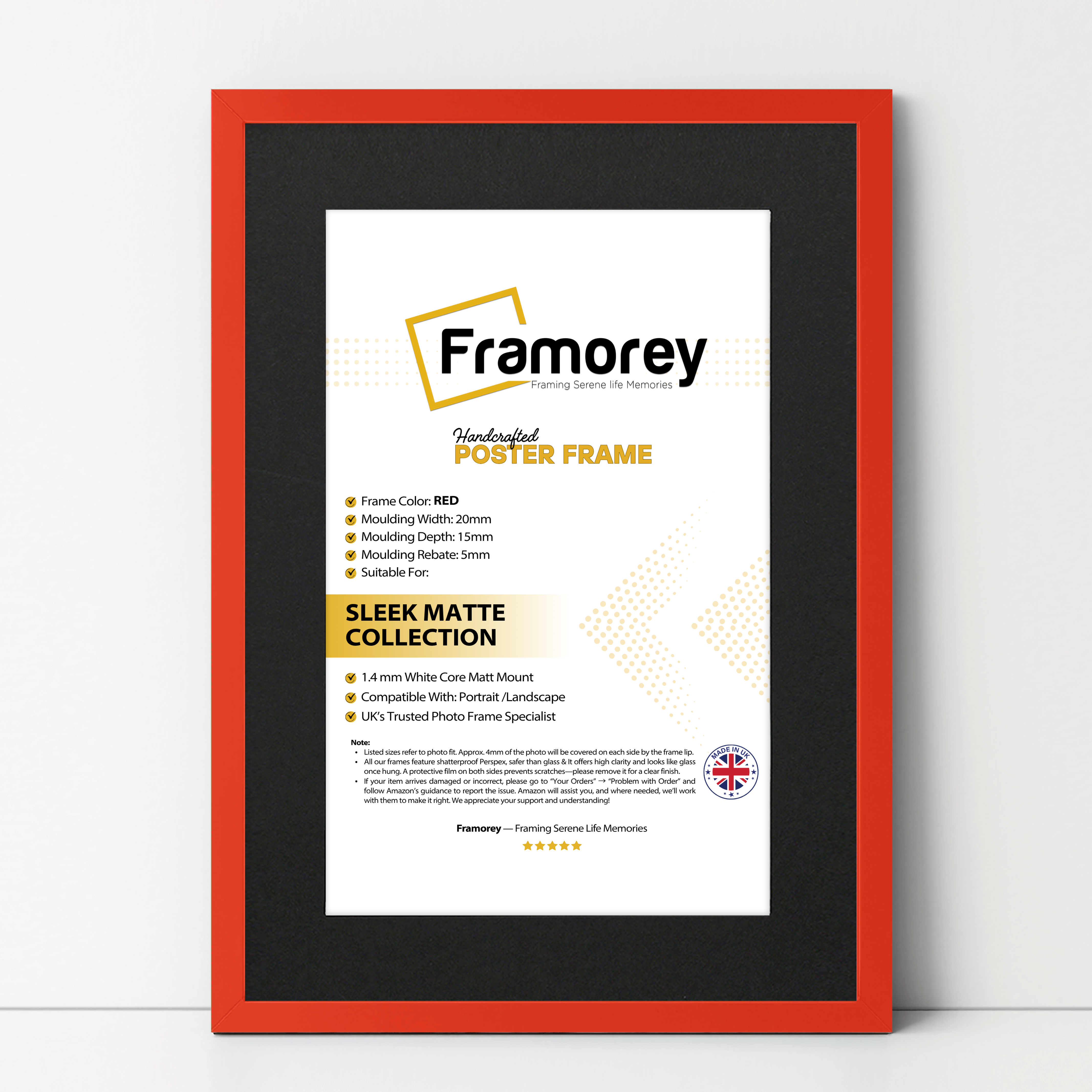 thin matt red picture frame with black mount shown from front view on a plain white surface standing with a wall