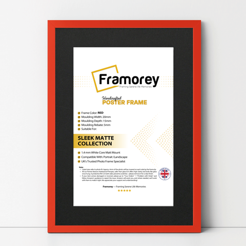 thin matt red picture frame with black mount shown from front view on a plain white surface standing with a wall